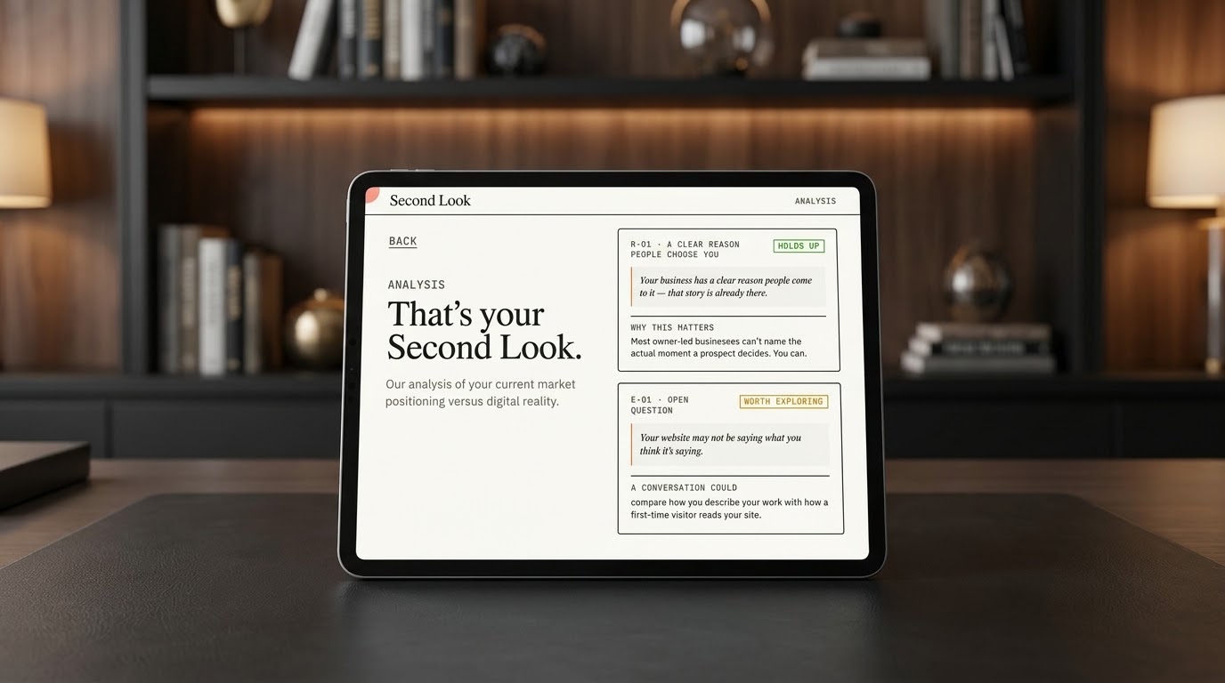 Second Look — AI-driven strategic diagnostic by Jean Dorff Consultancy Second Look diagnostic results displayed on a tablet, showing analysis cards with Holds Up and Worth Exploring findings for a business