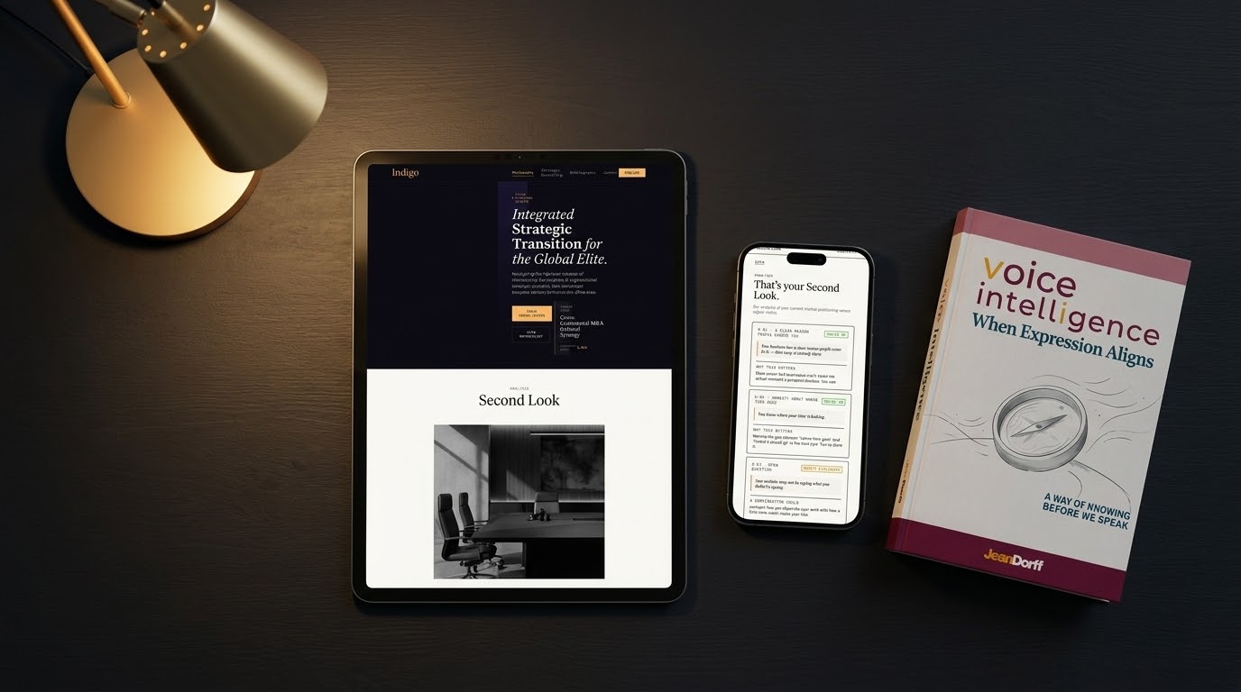 Jean Dorff Consultancy — findability strategy, AI-driven diagnostics, and published authority Jean Dorff Consultancy homepage on a tablet, Second Look diagnostic results on a phone, and the Voice Intelligence book arranged on a dark desk with warm gold lighting — strategy, tools, and published authority